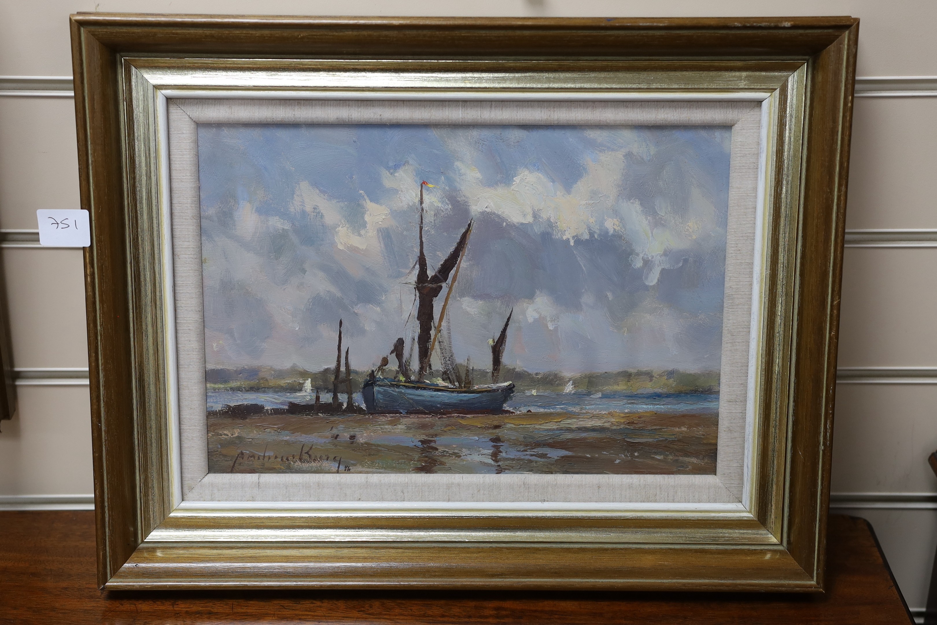 Andrew King R.O.I, (b. 956), oil on board, 'Thames Barge, Pin Mill', signed and dated '84, 22 x 32cm